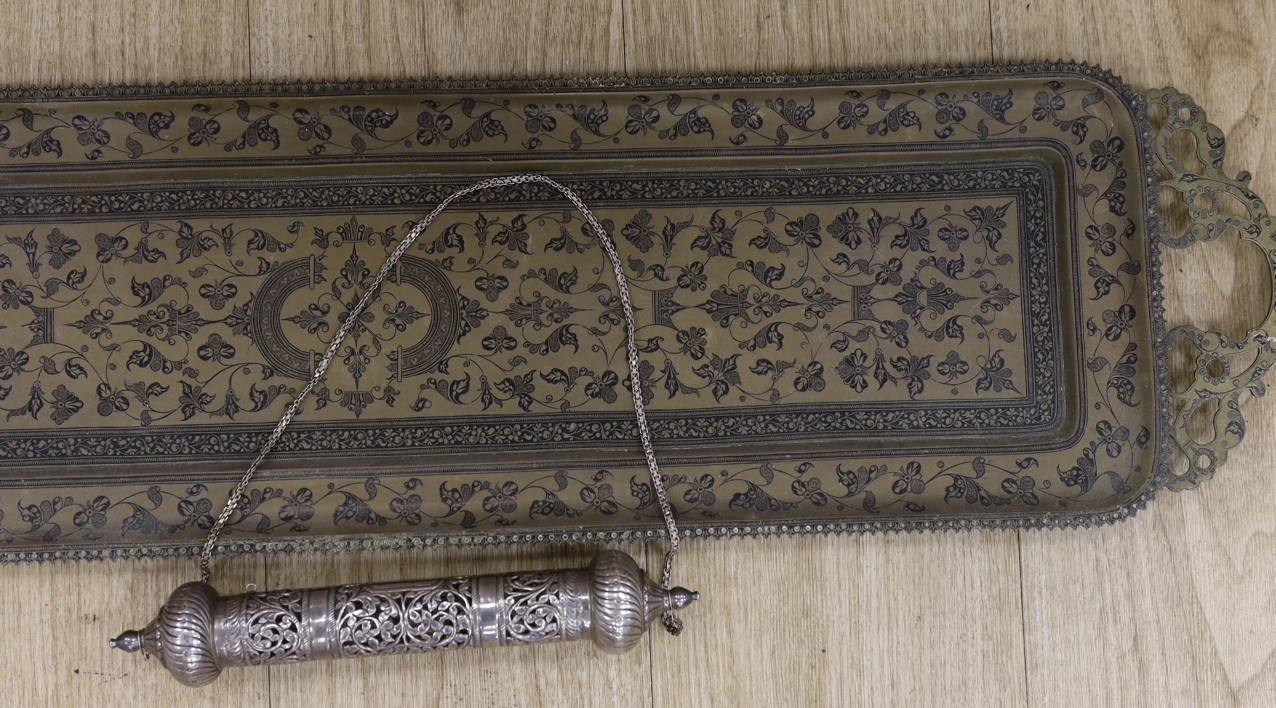Judaica: A Torah scroll holder, together with an Indian tray, 91cm